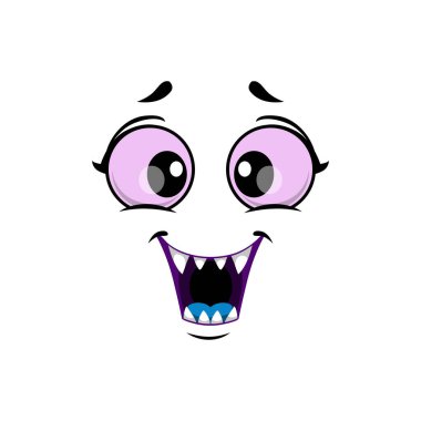 Çizgi film canavarının yüzü izole edilmiş vektör ikonu Cadılar Bayramı yaratığının komik yüz ifadesi. Büyük mor yuvarlak gözleri olan duygusal gülümseme keskin dişleri olan ağız beyaz arka planda izole edilmiş mavi dil.