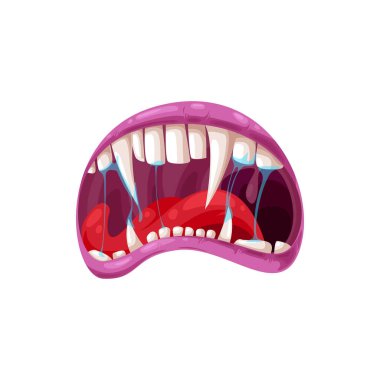 Vampir ağzı ve sivri diş vektör ikonu. Çizgi film açık korkunç çene uzun sivri dişli ve yapışkan tükürük damlayan, canavar maw kükreyen veya beyaz arka planda izole edilmiş bağırır
