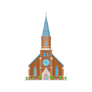Kilise ya da katedral kilisesi, ortaçağ gotik tapınak binası, vektör dini yer mimarisi. Hristiyan katolik ya da Protestan kilisesi. Çan kulesinde haçları olan, düz yüzlü.