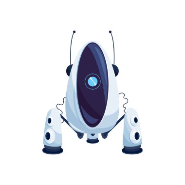 Vakumlu robot, bilim kurgu beyaz android, antenleri ve kamerası olan sofistike bir makine izole etti. Vektör modern teknoloji karakteri, dijital arayüzü olan yapay zeka androidi