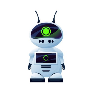 Kafasında anten olan dijital çizgi film robotu izole edilmiş gerçekçi çocuk oyuncağı. Vektör plastik yüksek teknolojili karakter, modern stil robot robot robot, insansı robot otomasyonu. Robot mekanik bilim kurgu androidi
