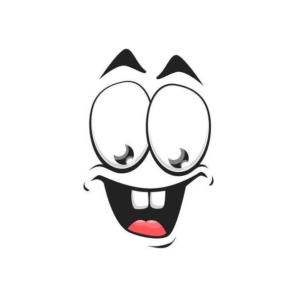 漫画の顔孤立ベクトルアイコン 大きな喜び笑顔の顔絵文字の面白い愚かな生き物 幸せな感情 漫画の顔でおもちゃの笑顔の口と丸目 — ストックベクタ