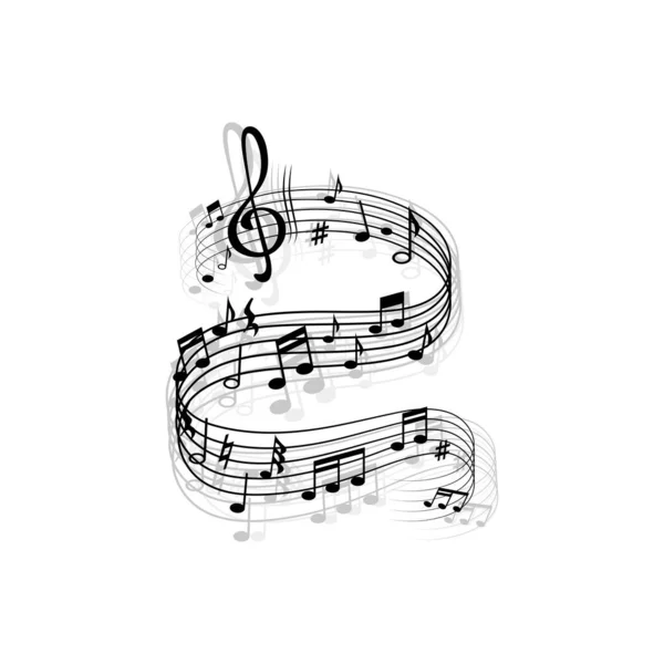 音楽波 ベクトル音楽ノート 曲線状の譜刻上の高音の音 フラットとシャープな兆候 ジャズクラブやクラシックオペラコンサートやオーケストラの演奏のためのメロディーの渦 — ストックベクタ