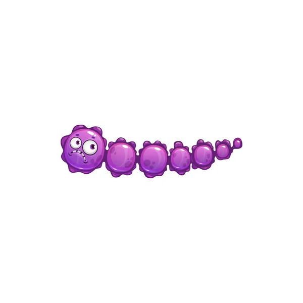 卡通病毒细胞载体图标 悲哀的紫色细菌 具有滑稽脸和粉刺的胚芽特征 不快乐的病原体微生物看起来像毛毛虫 孤立的微生物符号 — 图库矢量图片
