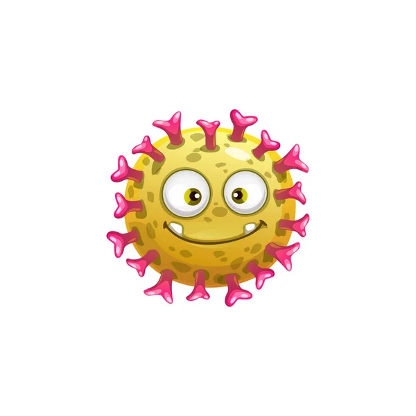 漫画のロタウイルス細胞ベクターアイコン 面白いウイルス 細菌や生殖文字の幸せな顔 大きな目で病原体微生物の怪物を笑って歯とにきびと黄色の丸細胞を隔離 — ストックベクタ