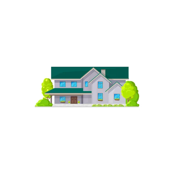 窓付きのモダンな家 丘の上の独立したヴィラのアイコンのポットの花 賃貸または販売のベクトル不動産建物 現代的な田舎のシャレーカントリーハウス 現代的な家のファサード 植えられた木 — ストックベクタ