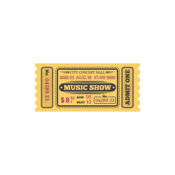 Ticket Zur Musikshow Der Zentralen Musikhalle Isolierte Retro Karte Vector — Stockvektor