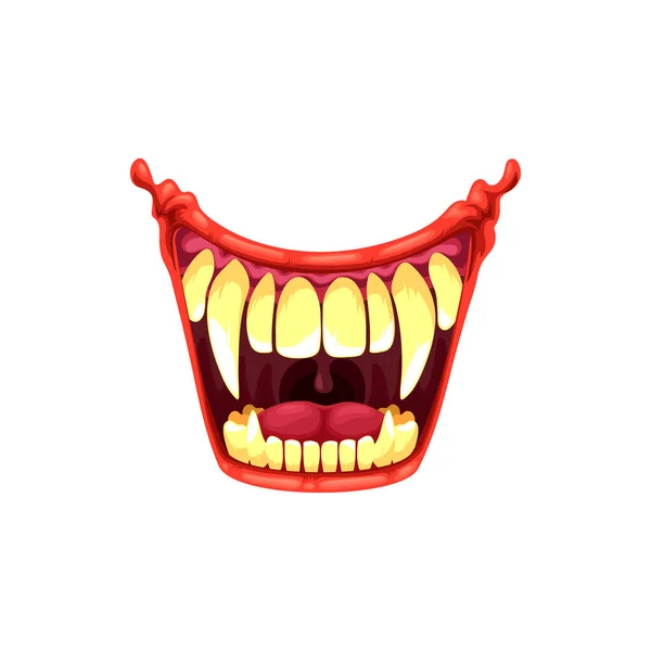 牙のベクトルアイコンを持つ吸血鬼やピエロの口 漫画の怪物は長い尖った歯を持つ恐ろしい顎轟音 大声で顎の轟音を開くか 白い背景に隔離された叫ぶ — ストックベクタ