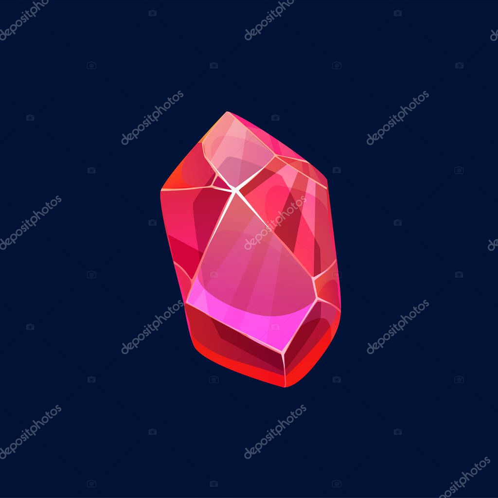 Red magic crystal, gem vector icon semiprecious or precious raw rock, isolated mineral crystalline stone or gemstone ruby, tourmaline, spinel or fire opal. Pomegranate jewelry organic cartoon symbol