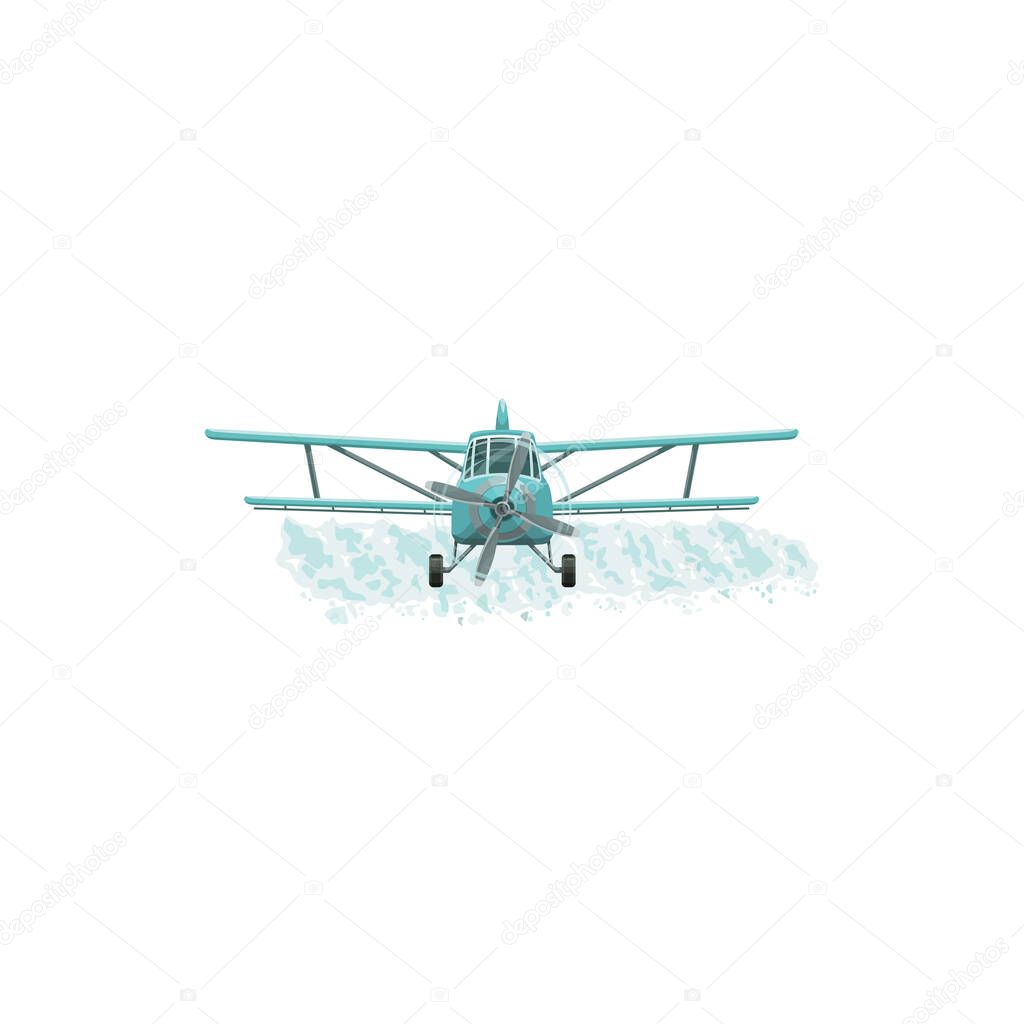 Aerial pest control, pesticide fumigation and agrarian disinsection service, vector icon. Airplane or aircraft plane spraying pesticide disinfectant on field, insect parasites aerial pest control