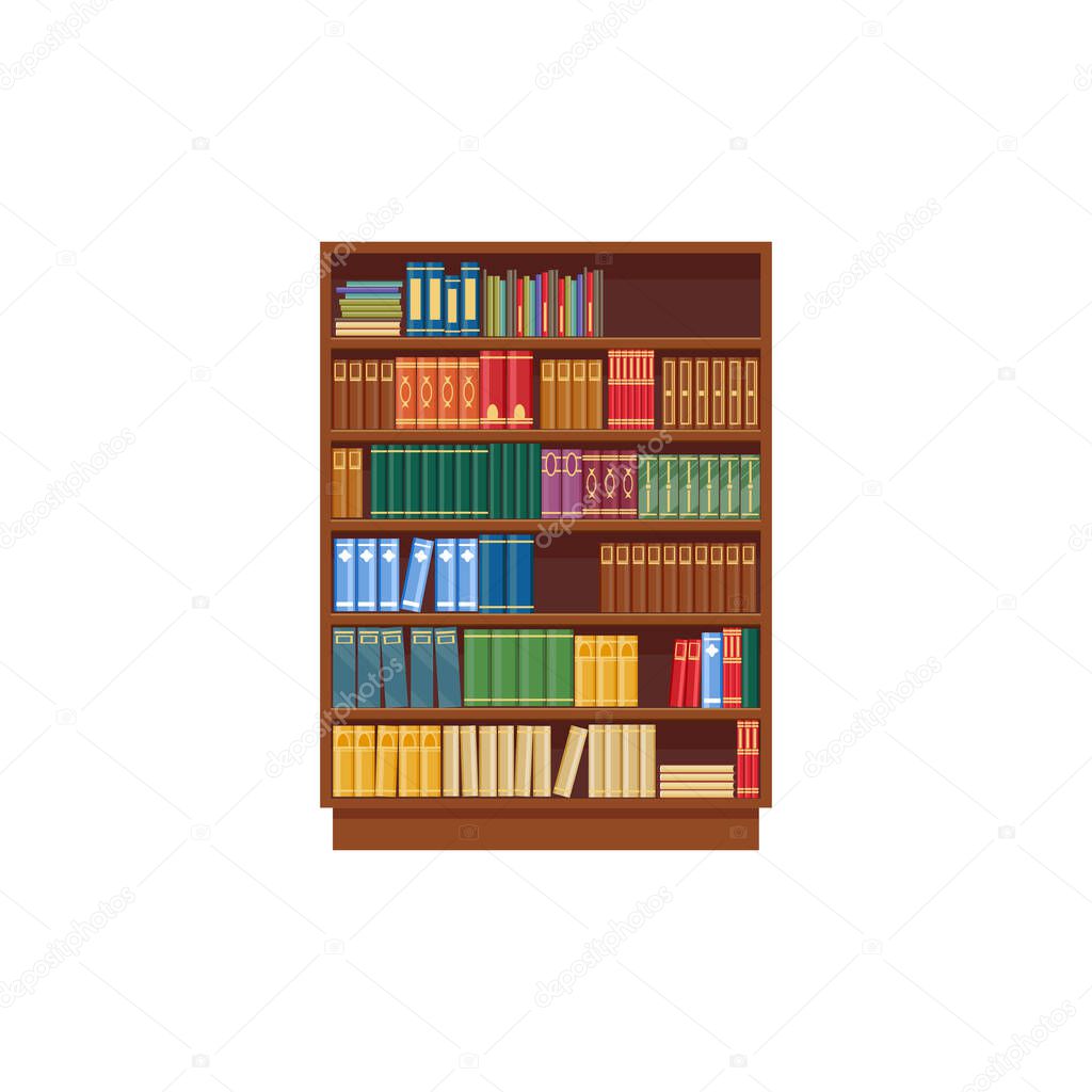 Bookcase vector icon, cartoon library shelf with books, wooden storage with colorful textbooks, literature bookstore isolated on white background. Science, education sign