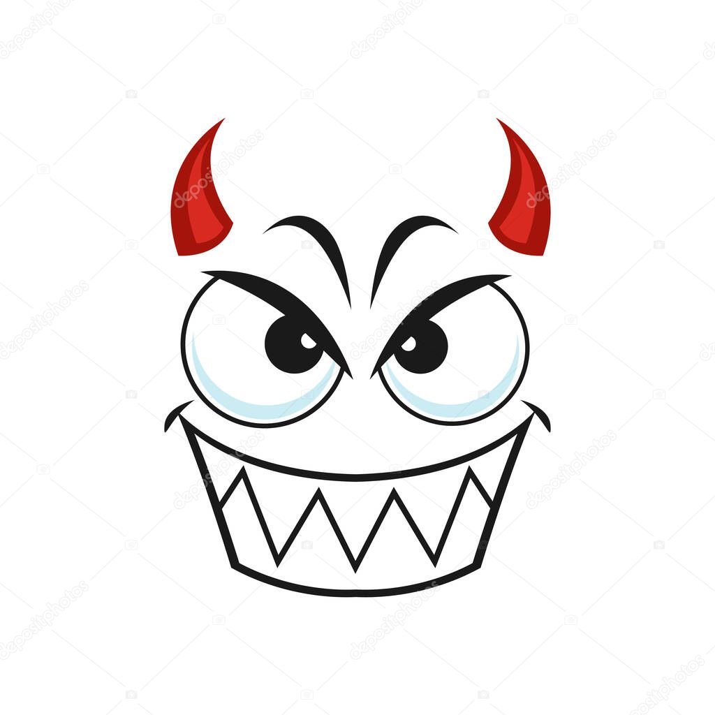 Cartoon devil face, smiling vector emoji, demon with red horns gloat smile emotion with angry eyes and laughing toothy mouth. Malefactor Halloween or hell character isolated on white background