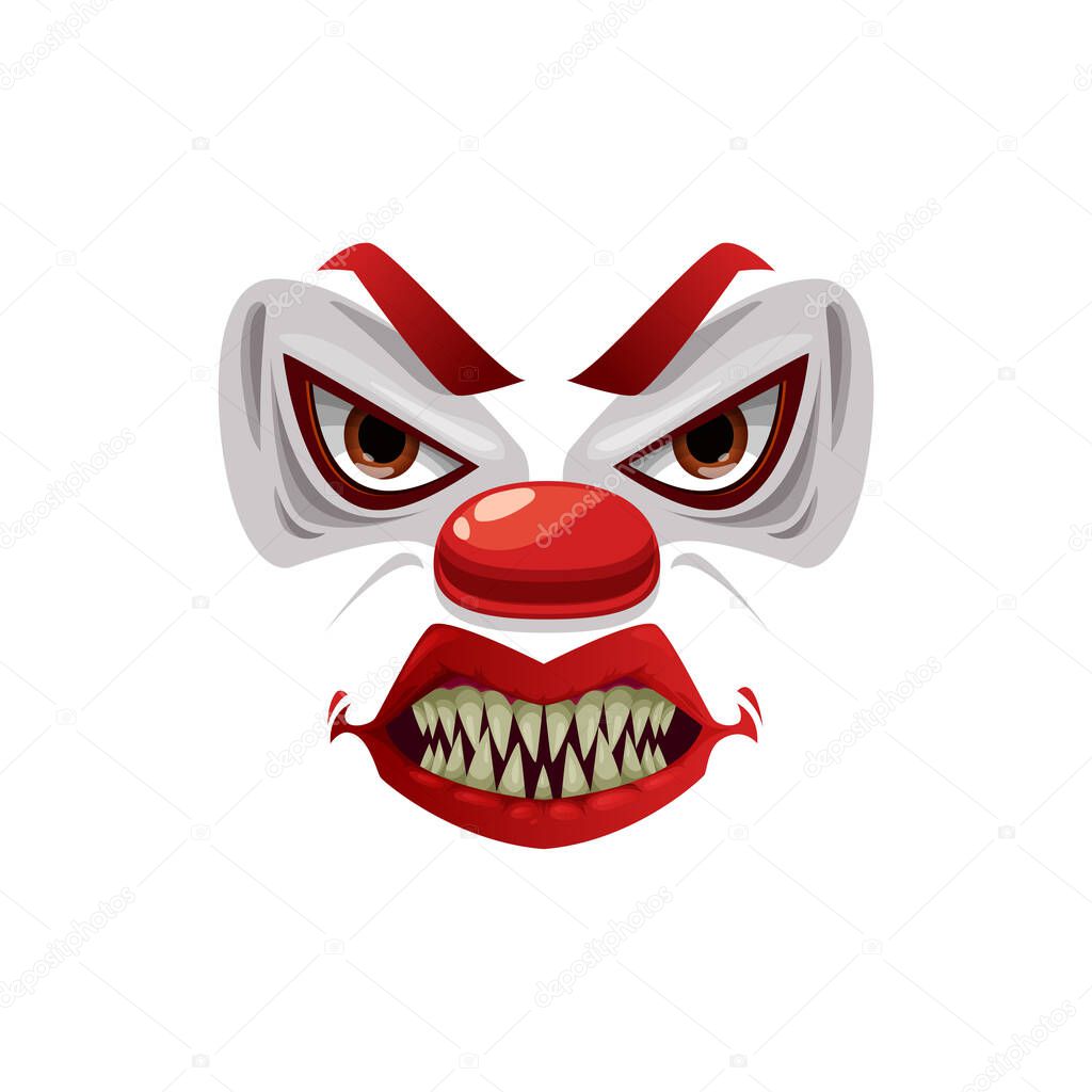 Scary clown face vector icon, funster grin mask with creepy makeup, red nose, angry eyes and open mouth with sharp teeth. Halloween character emoticon, isolated horror creature emoji