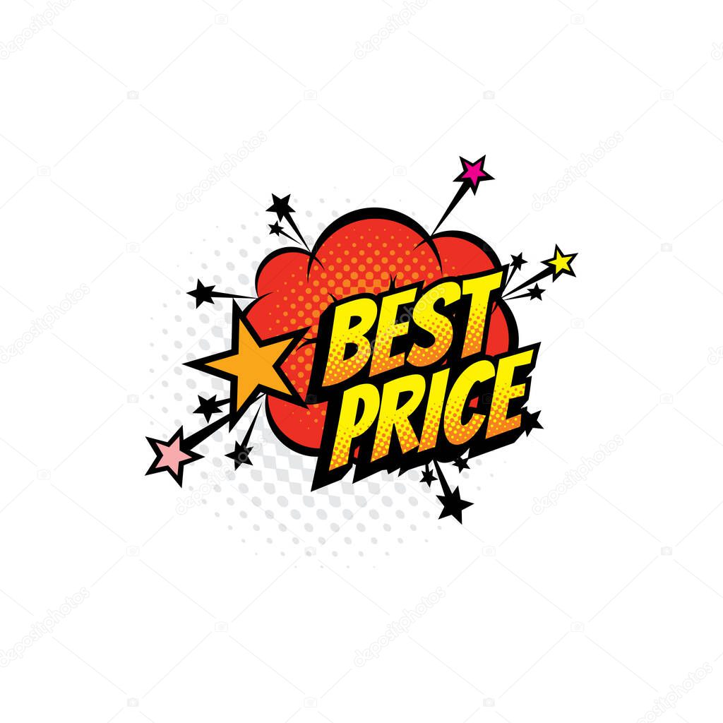 Advertising sale tag pop art best price on color half tone cloud isolated icon. Vector special sale offer retro comic bubble, burst boom bang halftone. Cloud burst and bubble explosion, limited advert