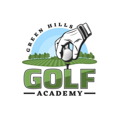 Golf sporları akademisi ikonu, golf kulübü şampiyonluğu lig vektör amblemi. Golf kulübü turnuvası kupası, spor aktivitesi ve antrenman sahası sembolü.