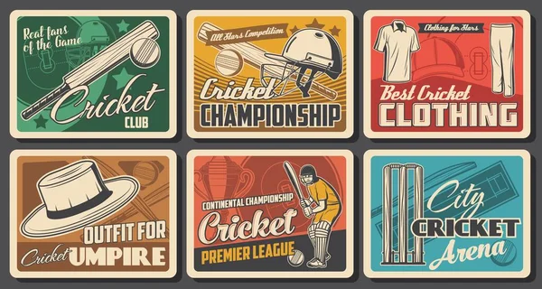 Carteles Cricket Vintage Con Bolas Juego Cricket Vector Deporte Murciélagos — Archivo Imágenes Vectoriales