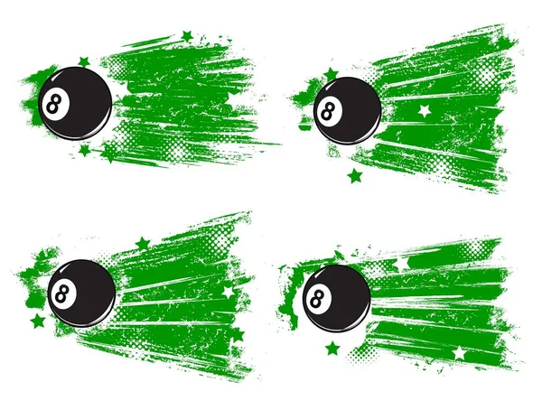 泳池台球比赛的横幅 卡通矢量黑色八球 绿色涂料笔画或痕迹 黑色背景带星光复古半色调效果 赛马场体育锦标赛复古横幅 — 图库矢量图片