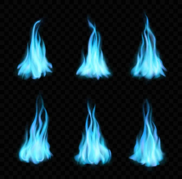 天然ガス燃焼青い炎 たき火 長い舌で現実的な火災 ベクトルの炎の3D効果 輝くフレアの設計要素 黒の背景に隔離された魔法のインフェルノ点火セット — ストックベクタ