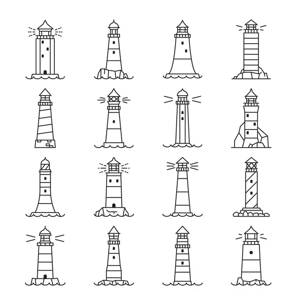 Deniz Feneri Deniz Feneri Ana Hatları Ikonlar Vektör Doğrusal Binalar — Stok Vektör