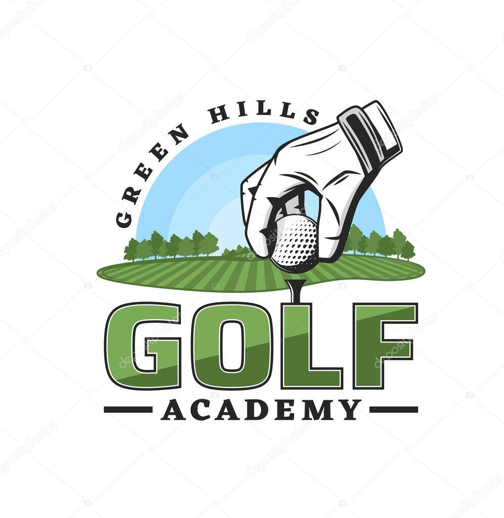 Golf sport academy icon, golfer club championship of league team vector emblem. Golf club tournament cup, sport recreation activity and training course symbol, with golf ball on pin