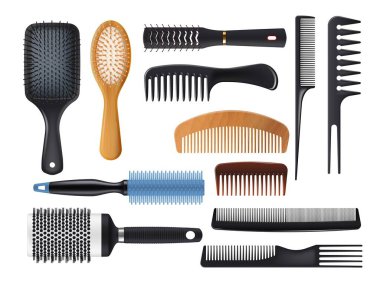 Saç fırçaları ve tarak gerçekçi vektör seti. İzole saç fırçaları, berber ve kuaför aletleri. Plastik, metal ve ahşap saç bakımı veya kuaför aksesuarları, 3 boyutlu kürek ve yuvarlak saç fırçaları