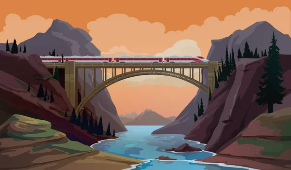 Trein Brug Spoorweg Reizen Cartoon Vector Scène Met Moderne Hoge — Stockvector