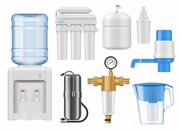 家庭用水过滤设备的模型 实际病媒瓶装水分配器或冷却器 反渗透器 水罐和家用计数器 反冲沉淀池过滤器 — 图库矢量图片