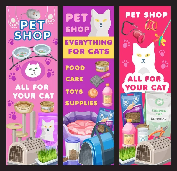 Cuidados Com Gatos Banners Lojas Animais Estimação Mercadorias Para Arrumação — Vetor de Stock