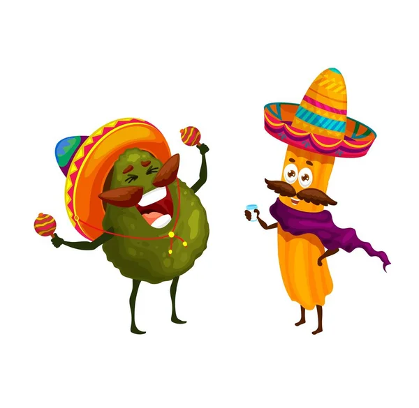 Cartoon Mexicaanse Churros Avocado Gelukkige Personages Vector Mariachi Grappige Muzikanten — Stockvector
