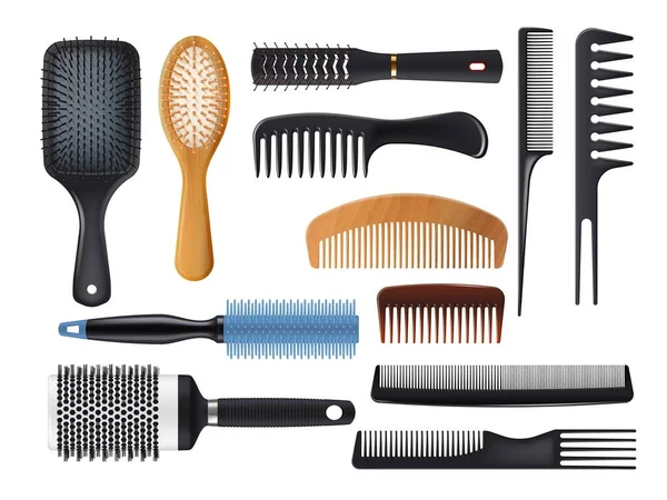 Hairbrushes Combs 이발소 미용사 도구등 플라스틱 나무로 — 스톡 벡터