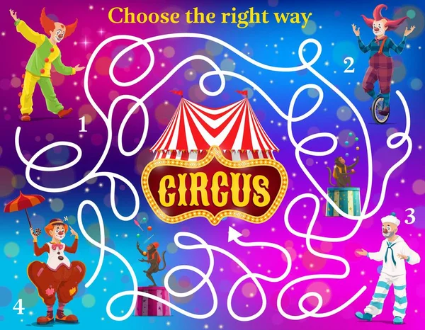 Labyrinthe Labyrinthe Vecteur Jeu Enfants Avec Des Clowns Cirque Trouver — Image vectorielle