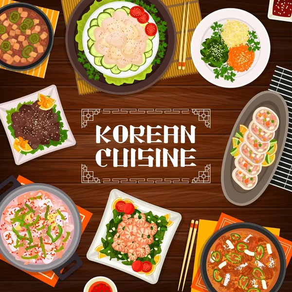 Koreaanse Keuken Restaurant Banner Scallop Salade Groente Gevulde Inktvis Gegrild — Stockvector