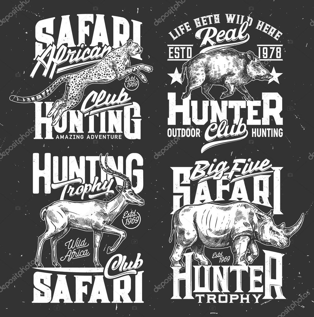 Tshirt prints Safari hunting vector sketch emblems with animals rhino, leopard, gazelle and boar. Wild African animals mascots for safari hunting club, hunter society or team labels for apparel design