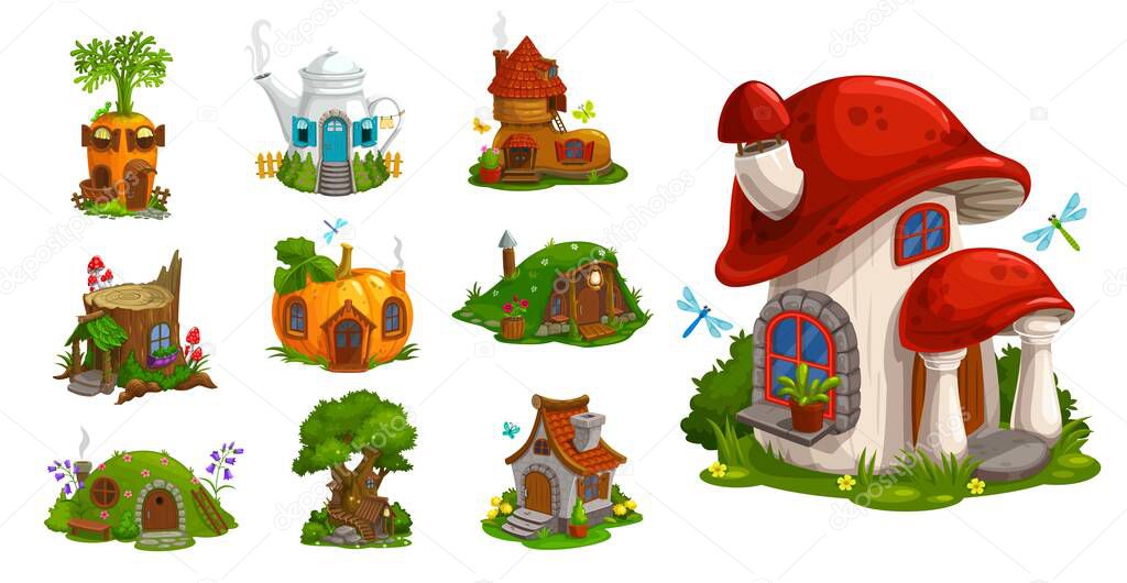 Gnome houses vector icons, cartoon fantasy building made of plants, vegetables and trees with green leaves. Fairy, gnome or elf cute homes in pumpkin, mushroom, carrot, stump and pot isolated set