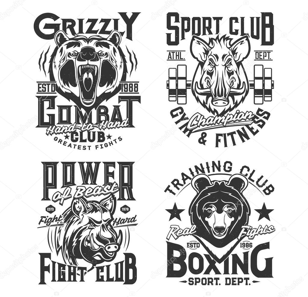 Sport t shirt prints, animals, gym, boxing club and street fighting vector emblems. Fitness strong power quotes, wild animals mascot badges of grizzly bear and boar with iron barbell for t-shirt print