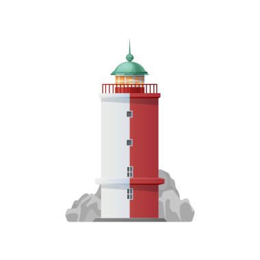 İzole edilmiş vektör okyanus ve deniz feneri kulesine sahip deniz feneri ikonu, deniz seyrüsefer ve deniz yolculuğu tasarımı. Deniz kenarındaki deniz feneri binası. Kubbe, projektör lamba panelleri ve deniz kıyısı kayaları.