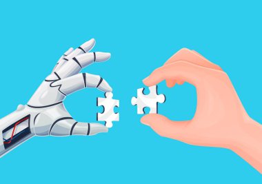 Robot and human hands connecting jigsaw puzzle pieces. Artificial intelligence technology vector concept, digital future and work robotic automation, problem solution and cooperation with AI clipart