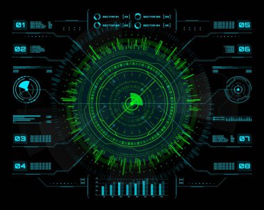 HUD fütüristik bilgi grafikleri. Görsel iş bilgisi, sunum, mavi ve yeşil neon daire diyagramlarıyla Ui arayüzü, vektör bilgi şeması, panel. Sanal gerçeklik oyunu arayüzü veya hologram