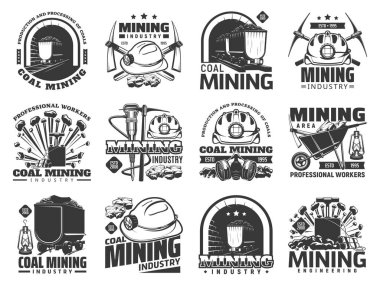 Kömür madenciliği sanayi simgeleri, maden makineleri ve madenci ekipmanı veya aletleriyle vektör monokrom amblemleri. Metal cevheri, tramvayda kömür, kaya matkabı, kazma ve el arabası yalıtılmış etiketli başlık.