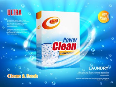 Washing powder packaging, vector ad poster design, realistic box with detergent for laundry ultra cleaning on blue background with water drops and sparking. Hot price offer advertising, product promo clipart