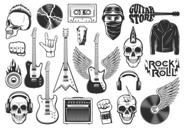 Rock müzik sembolleri, müzik aletleri simgeleri. Mohawk traşlı kafatası, elektro gitar ve boynuzlu el hareketi, deri ceket, kulaklık ve vinil disk, mıknatıs rekor tipi vektör oymalı.