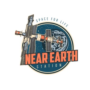 Yörünge istasyonu simgesi, uzayda uzay mekiği, uzay adamı yolculuğu ve keşfi, vektör amblemi. Dünya yörüngesindeki yörünge istasyonunun roketleri ve modülleri, uzay aracı ve uzay aracı keşif görevi