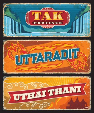 Tak, Uttaradit ve Tayland 'ın Uthai Thani bölgesi vektör plakaları. Taşralı fok çiçekleri, Tayland pavyonu, dağ tepesi ve Thi lo su şelalesi teneke tabelaları, metal pankartlar ve vintage etiketler.