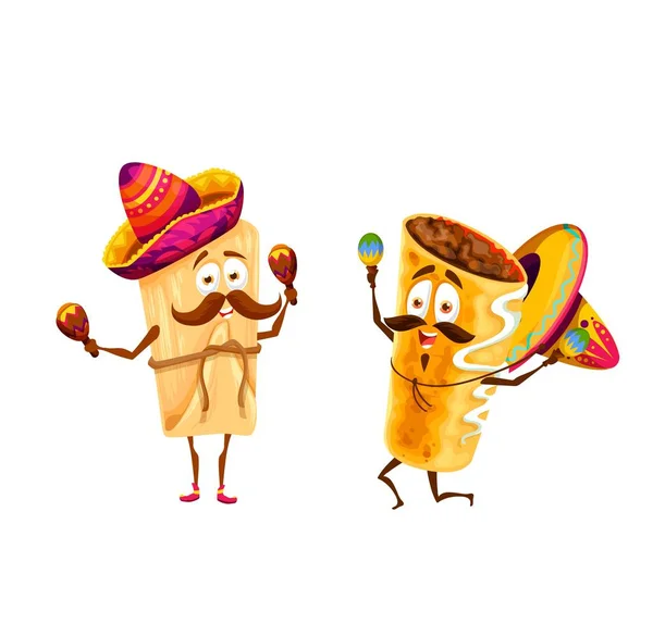 Cartoon Mexicaanse Tamales Chimichanga Gelukkige Personages Vector Mariachi Grappige Muzikanten — Stockvector