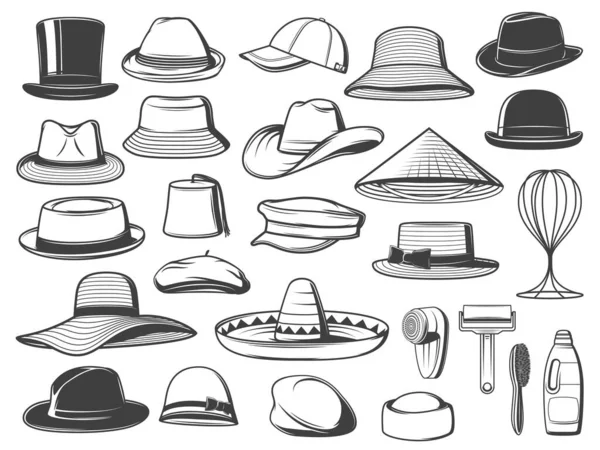 Men Women Hats Caps Panamas Vector Top Hat Trilby Sombrero — Stock Vector