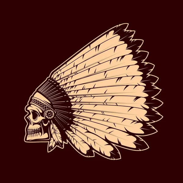头盖骨的印第安人头盖骨美洲原住民文化和野生的西方殖民历史载体符号与人类头骨和羽毛仪式头饰 头戴皇冠的印度战士或酋长 — 图库矢量图片