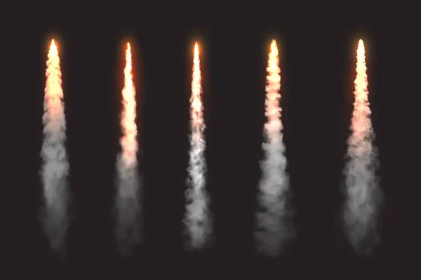 Rocket Fire Smoke Trails Astronave Startup Lanzamiento Nubes Vector Elementos — Vector de stock