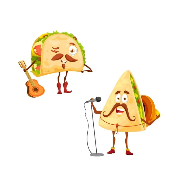 Cartoni Animati Messicani Tacos Tortilla Personaggi Felici Cantante Vettoriale Sombrero — Vettoriale Stock
