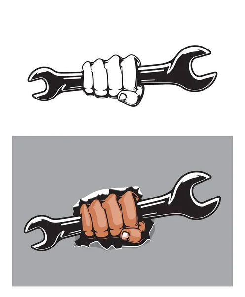 Human Hand Wrench Spanner Vector Mechanic Plumber Worker Screw Key — Stock Vector