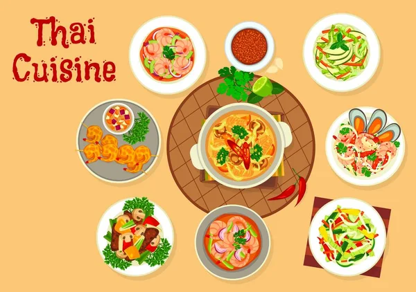 Thailändische Küche Food Vector Design Asiatischer Meeresfrüchte Und Gemüsesalate Suppen — Stockvektor